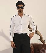 White plain cotton men's shirt with sleek navy blue stripe