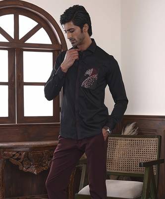 Black plain cotton men's shirt with panther art work 1