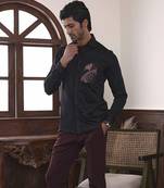 Black plain cotton men's shirt with panther art work