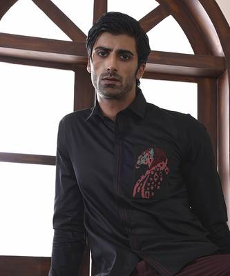 Black plain cotton men's shirt with panther art work 3