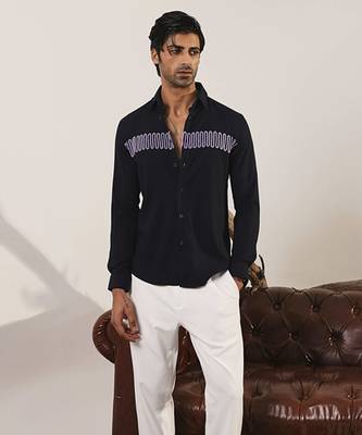 Navy blue plain viscose men's shirt 1