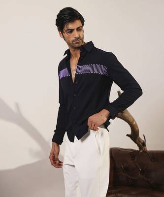 Navy blue plain viscose men's shirt 5