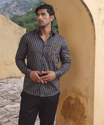 Grey Geometric printed cotton men's shirt 1