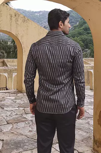 Grey Geometric printed cotton men's shirt