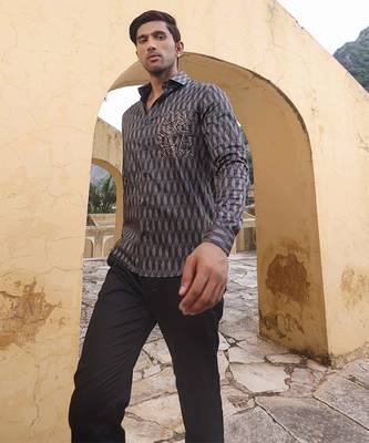 Grey Geometric printed cotton men's shirt 4
