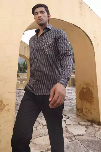 Grey Geometric printed cotton men's shirt