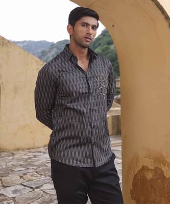Grey Geometric printed cotton men's shirt 5