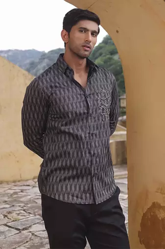 Grey Geometric printed cotton men's shirt