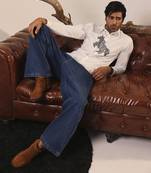 White plain cotton men's shirt with a dazzling horse design