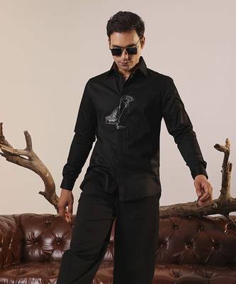 Black plain cotton men's shirt with intricate design of a bird 1