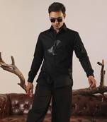 Black plain cotton men's shirt with intricate design of a bird