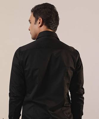 Black plain cotton men's shirt with intricate design of a bird 3