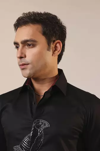 Black plain cotton men's shirt with intricate design of a bird