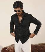 Black plain cotton men's shirt with intricate silver thread detailing