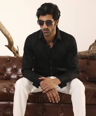 Black plain cotton men's shirt with intricate silver thread detailing 2