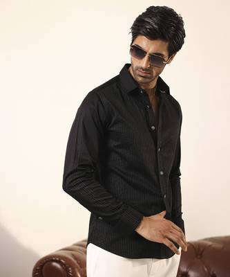 Black plain cotton men's shirt with intricate silver thread detailing 4