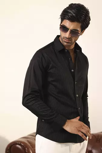 Black plain cotton men's shirt with intricate silver thread detailing
