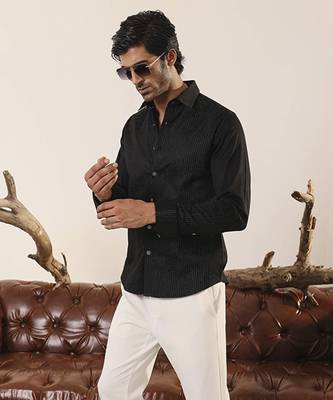 Black plain cotton men's shirt with intricate silver thread detailing 5