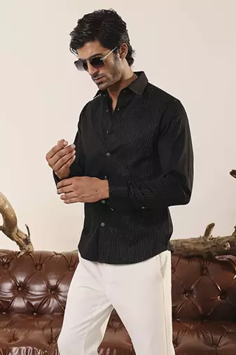 Black plain cotton men's shirt with intricate silver thread detailing