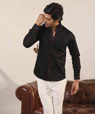 Black plain cotton men's shirt with intricate details 1