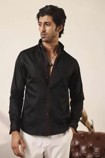 Black plain cotton men's shirt with intricate details