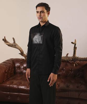 Black plain cotton men's shirt with unique details 1
