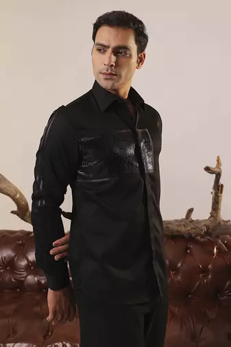 Black plain cotton men's shirt with unique details