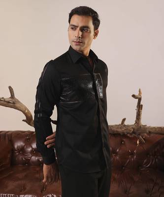 Black plain cotton men's shirt with unique details 3