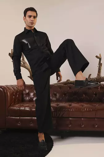 Black plain cotton men's shirt with unique details
