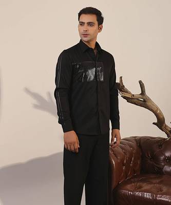 Black plain cotton men's shirt with unique details 5