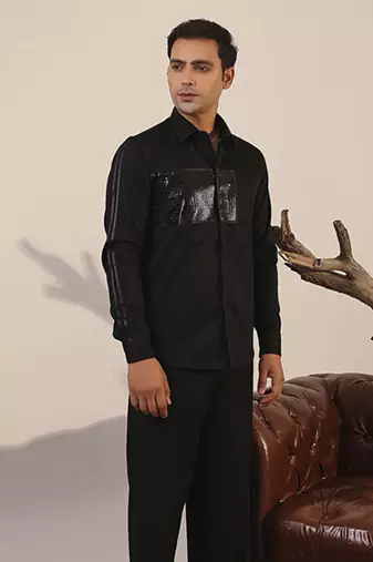 Black plain cotton men's shirt with unique details