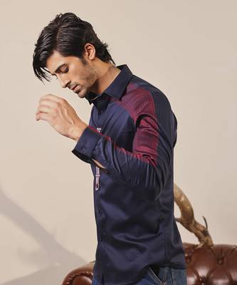 Navy blue plain cotton men's shirt 4