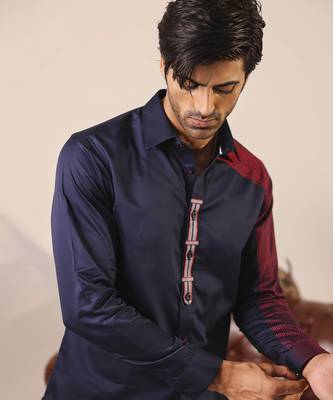 Navy blue plain cotton men's shirt 5