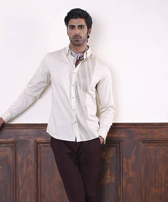 Beige plain cotton men's shirt with white vertical stitch lines 1