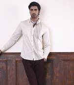 Beige plain cotton men's shirt with white vertical stitch lines