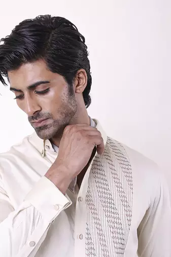 Beige plain cotton men's shirt with white vertical stitch lines
