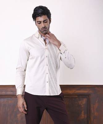 Beige plain cotton men's shirt with white vertical stitch lines 4