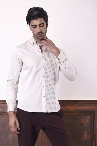 Beige plain cotton men's shirt with white vertical stitch lines