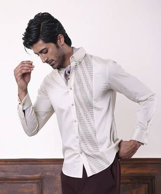 Beige plain cotton men's shirt with white vertical stitch lines 5