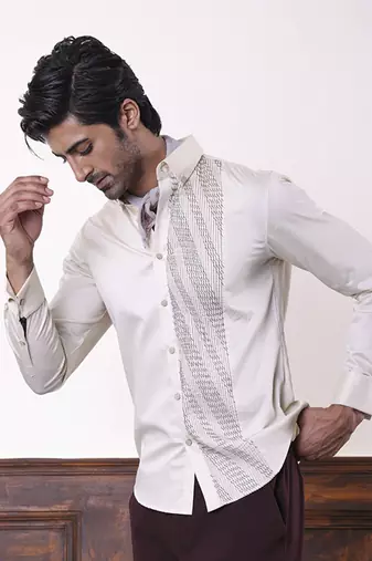 Beige plain cotton men's shirt with white vertical stitch lines