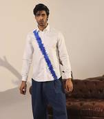 White plain cotton men's shirt showcasing a bold scribbled line in blue