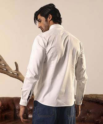 White plain cotton men's shirt showcasing a bold scribbled line in blue 2