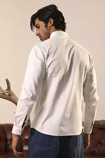 White plain cotton men's shirt showcasing a bold scribbled line in blue