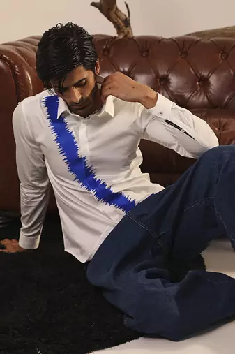 White plain cotton men's shirt showcasing a bold scribbled line in blue