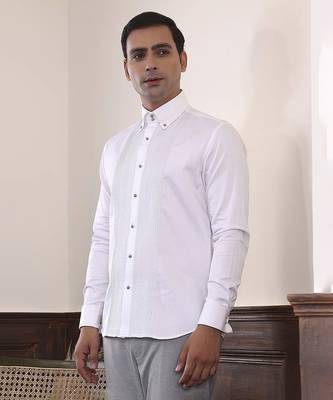 White plain cotton men's shirt detailed with delicate pin tucks 1