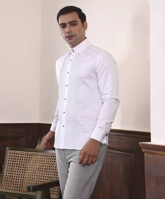 White plain cotton men's shirt detailed with delicate pin tucks 4