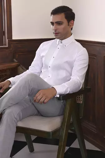 White plain cotton men's shirt detailed with delicate pin tucks
