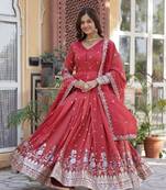 Red Viscose Foil Embroidery Zari Sequins Work Gown With Dupatta