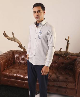 Grey plain cotton men's shirt with silver metal buttons 1