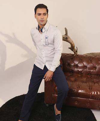 Grey plain cotton men's shirt with silver metal buttons 5